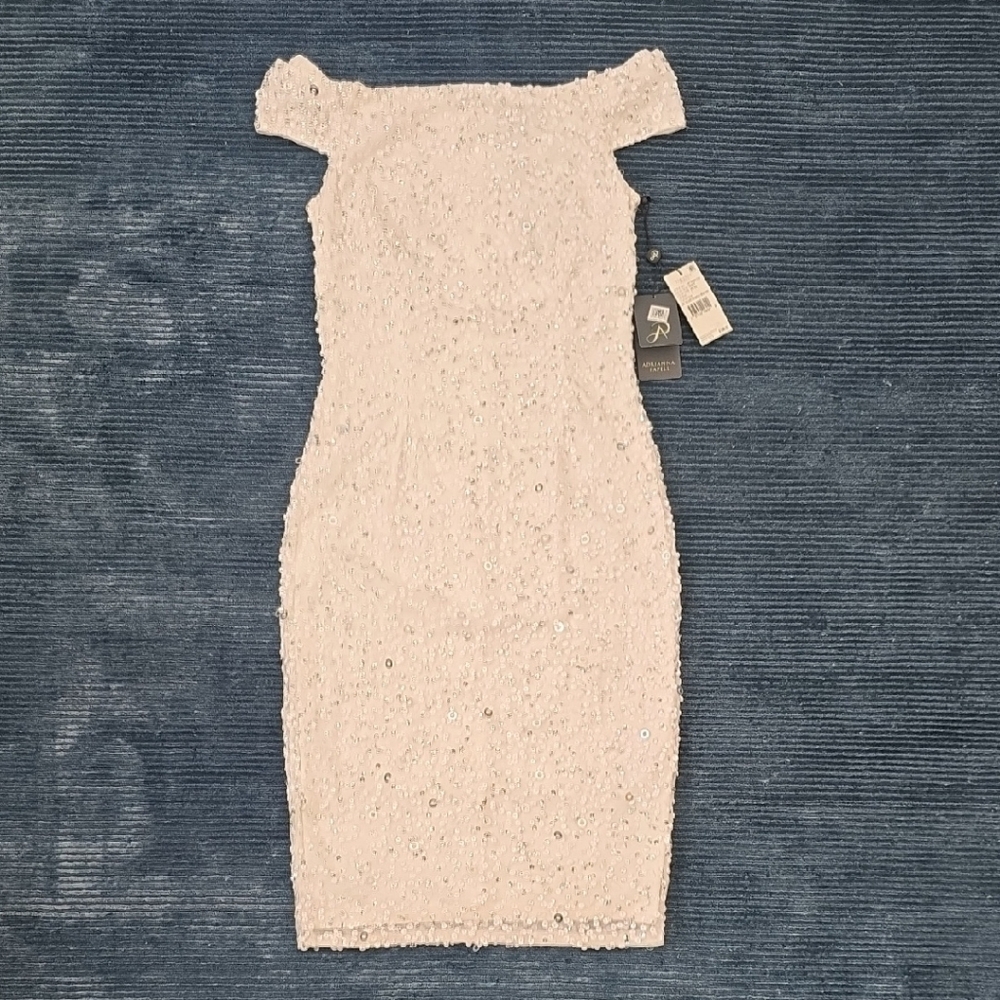 Adrianna Papell Off Shoulder White Sequined Dress